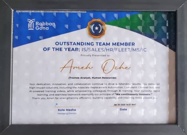 Outstanding Team Member of the Year certificate